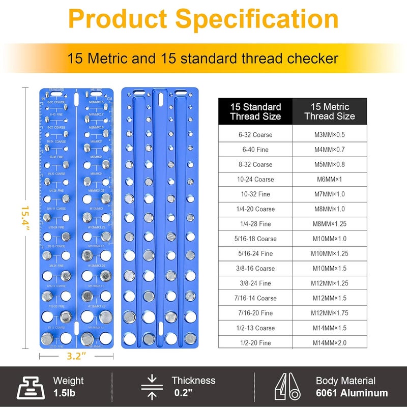 Meaowera 30-in-1 Nut & Bolt Thread Checker – Standard & Metric Thread Gauge Tool with 15 SAE & 15 Metric Sizes, Wall-Mountable Thread Identifier with Inch & CM Ruler - Image 4